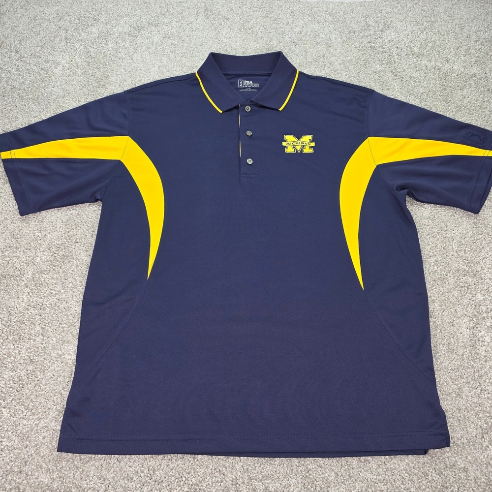 PGA Tour Michigan Wolverines Polo Shirt Mens Large Navy Blue Yellow Golf Top